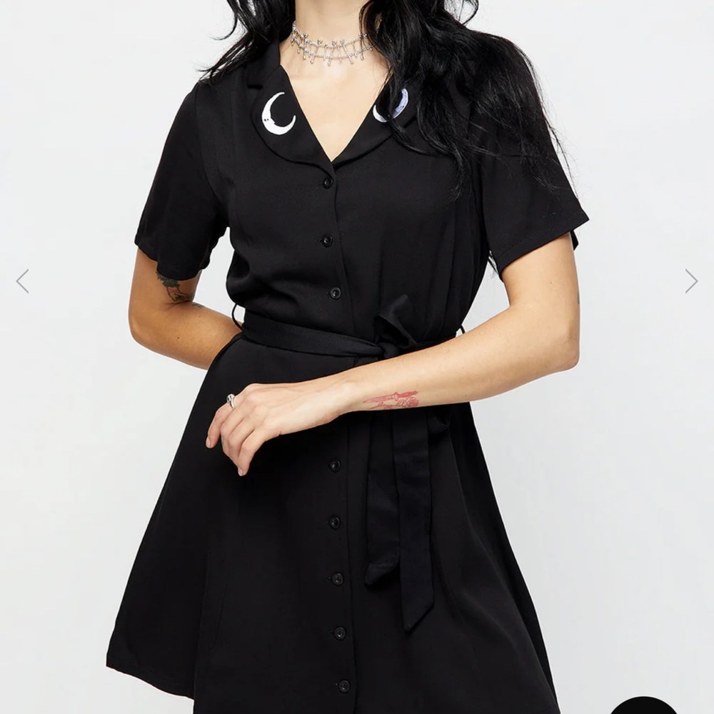 Black Button-Up Dress with Moon Detail